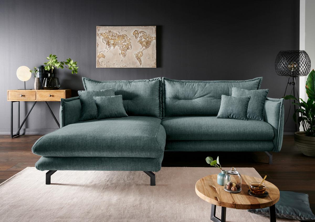 Wohnlandschaft Lava Hellblau Velours - Türkis/Schwarz, MODERN, Textil/Metall (180/255cm) - Livetastic
