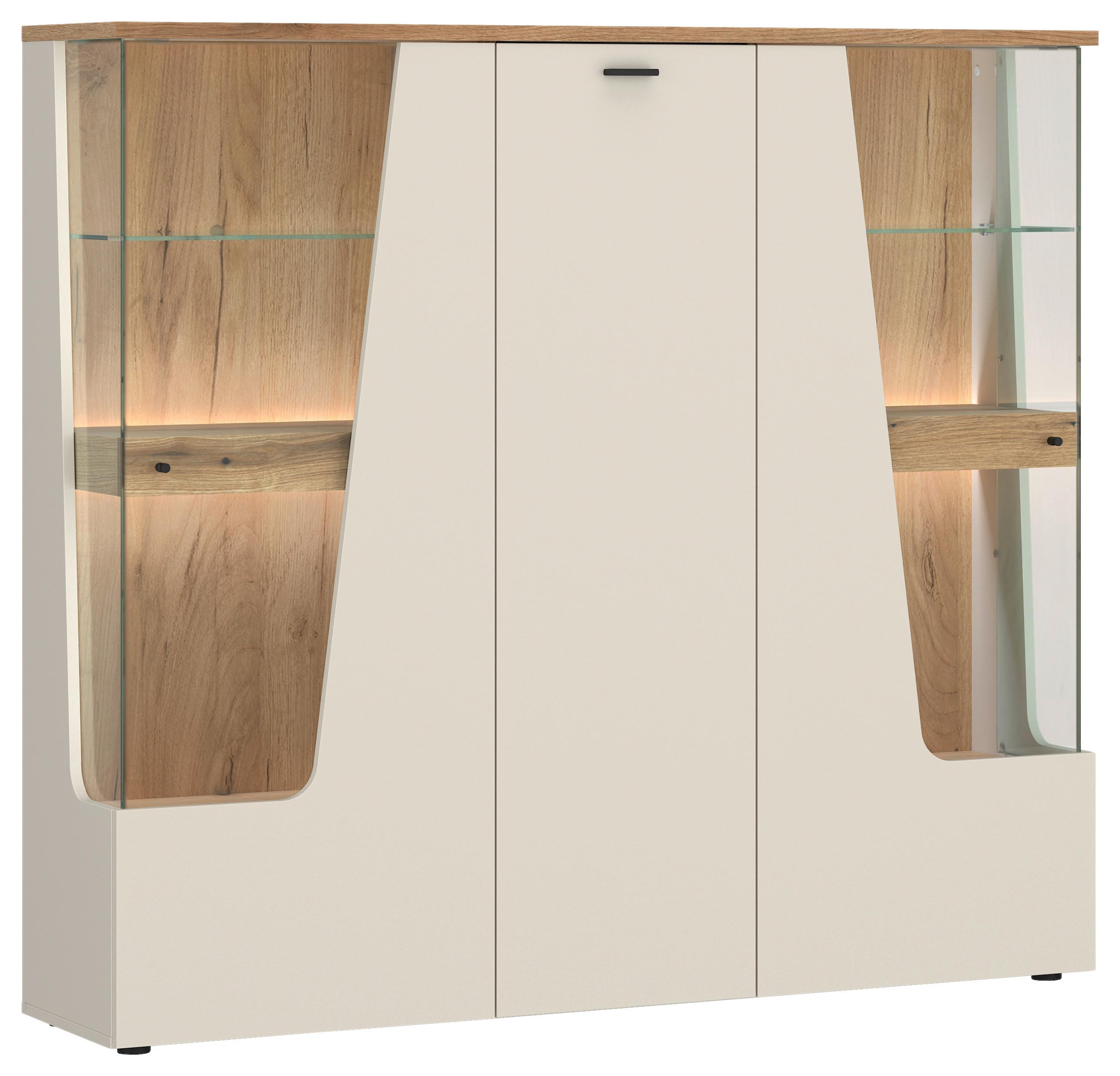 Vitrină CUT OUT - cașmir/culoare lemn stejar, Modern, sticlă/material pe bază de lemn (150/140/40cm) - Premium Living