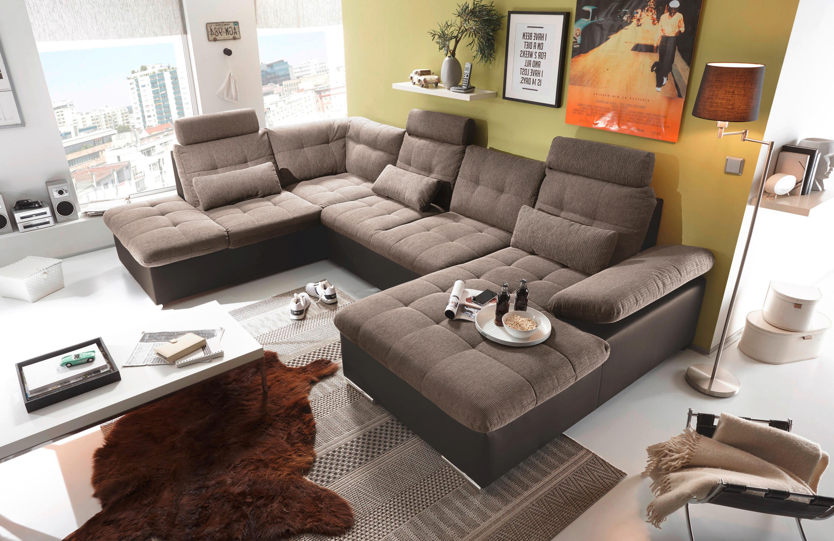 Wohnlandschaft Jakarta U inkl. Kissen Braun - Hellbraun/Dunkelbraun, MODERN, Holzwerkstoff/Textil (218/324/170cm) - MID.YOU