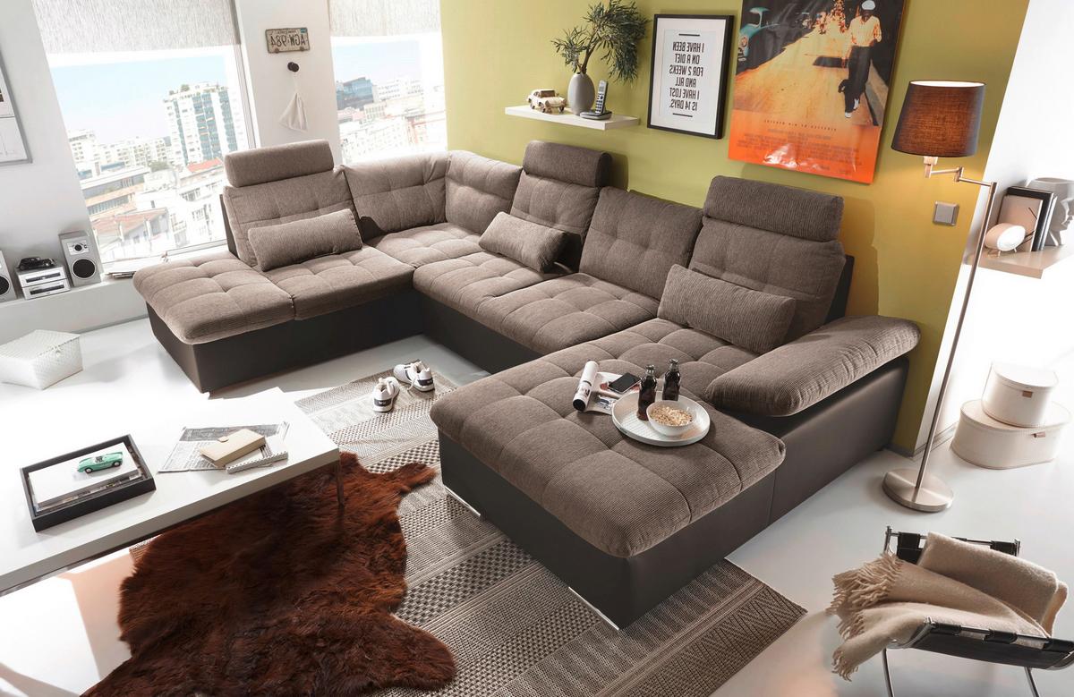 Wohnlandschaft Jakarta U inkl. Kissen Braun - Hellbraun/Dunkelbraun, MODERN, Holzwerkstoff/Textil (218/324/170cm) - MID.YOU
