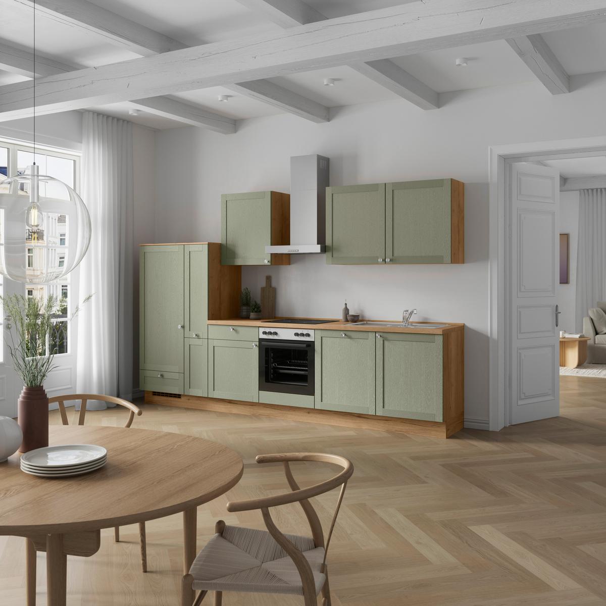 Küchenleerblock Frame Low o. Geräte Olivgrün - Edelstahlfarben/Eichefarben, MODERN, Holzwerkstoff/Metall (330cm) - Nobilia
