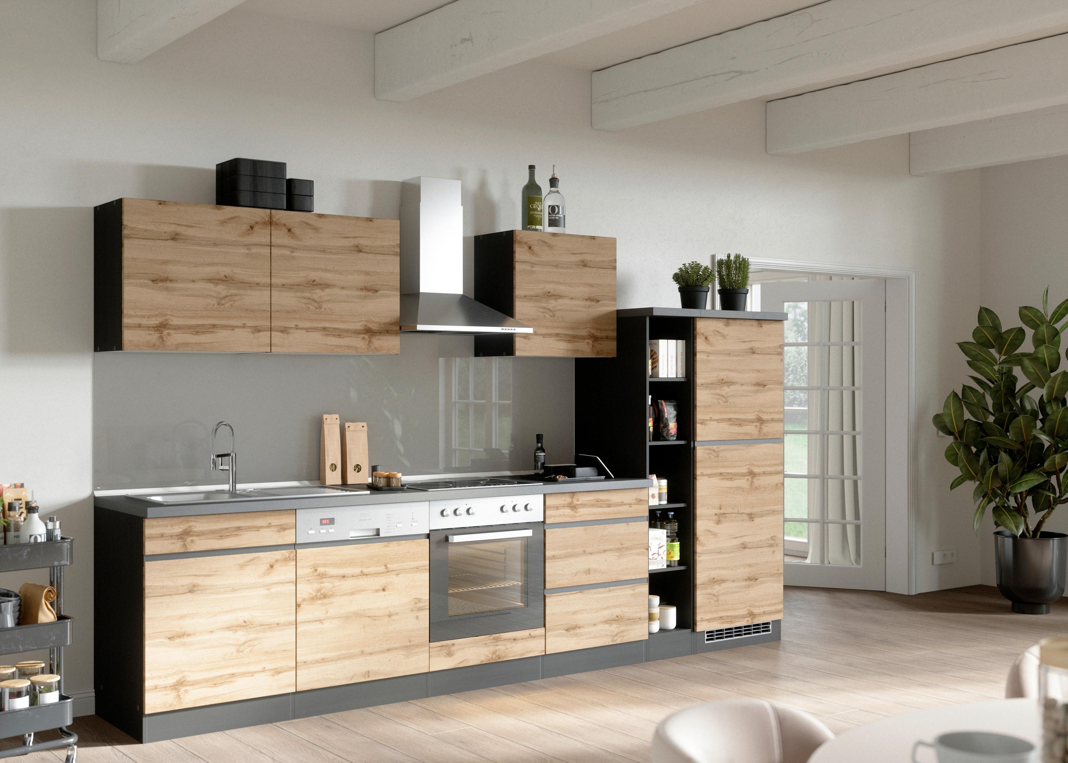 Küchenblock Turin mit Geräten ca. 330 cm Eiche/Grau - Eiche Wotan/Graphitfarben, Design, Holzwerkstoff (330cm) - Held