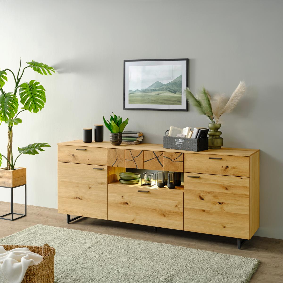 Sideboard Stockholm in Eichefarben - Eichefarben/Schwarz, Modern, Holzwerkstoff/Metall (203/85/41cm) - Premium Living