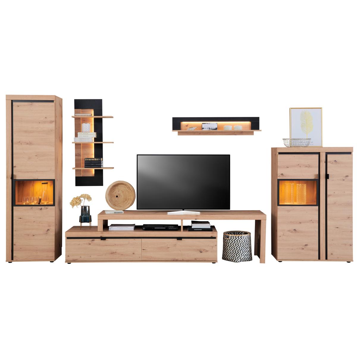 Etajeră de perete NYON - culoare lemn molid/negru, Modern, material pe bază de lemn (49,1/110/21cm) - Modern Living