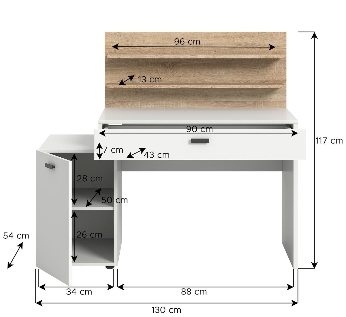 Schreibtisch Match ca. 130x54x117 cm Weiß/Eiche - Eichefarben/Anthrazit, Design, Holzwerkstoff/Kunststoff (130/54/117cm) - MID.YOU