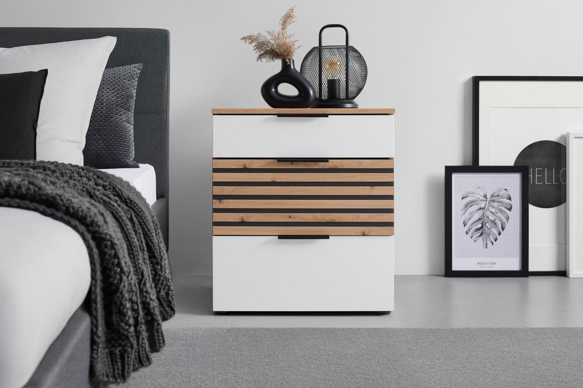 Nachtkästchen Leo Graphit/Weiß/Eiche Artisan - Schwarz/Graphitfarben, KONVENTIONELL, Holzwerkstoff/Kunststoff (54/61/41cm) - Premium Living