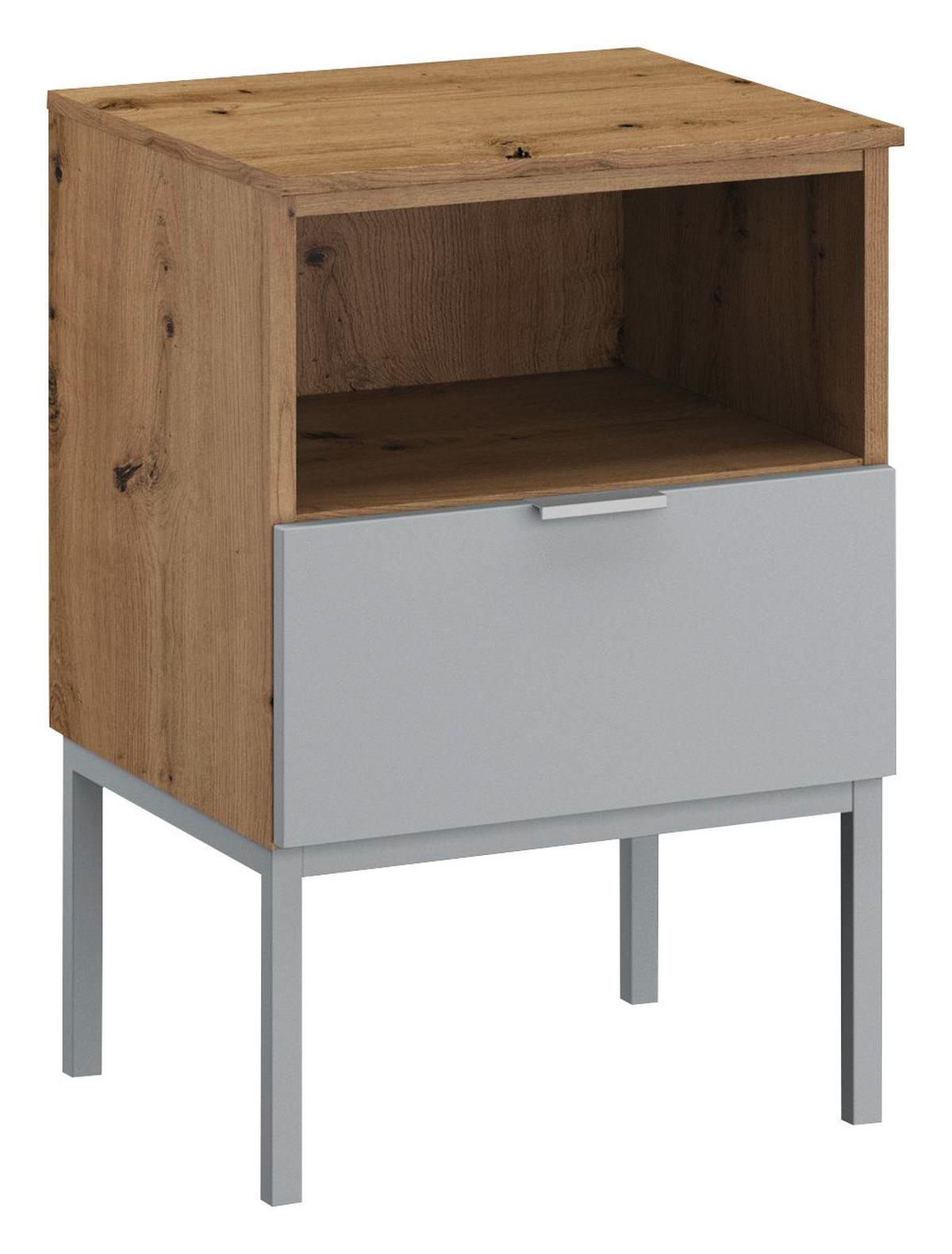 SZAFKA NOCNA LIMA - kolor dębowy/kolor aluminiowy, Trend, materiał drewnopochodny/metal (40/61/42cm) - Stylife