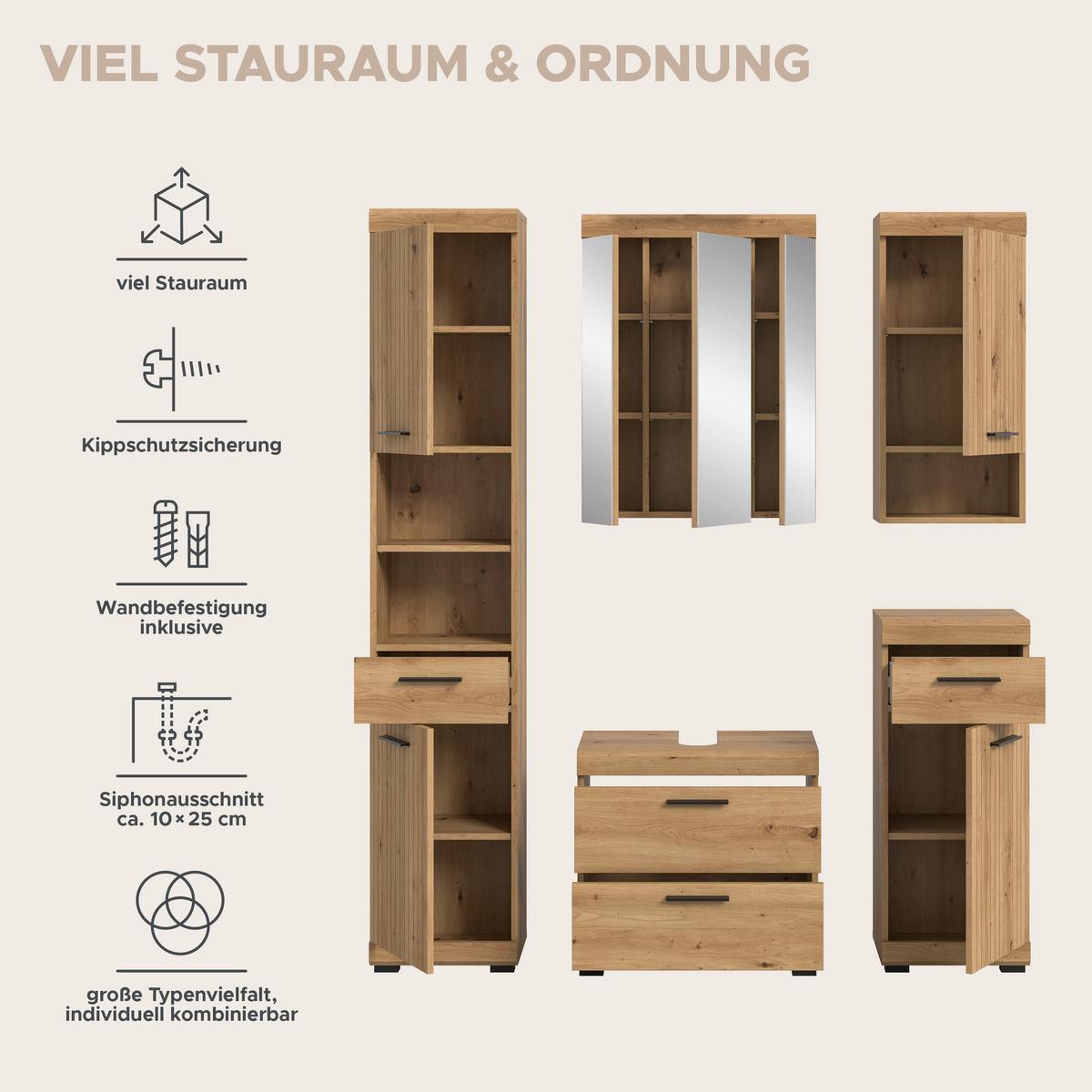 Badezimmer Scout Eiche Artisan 5-teilig - Schwarz/Eiche Artisan, Trend, Glas/Holzwerkstoff (134cm) - MID.YOU
