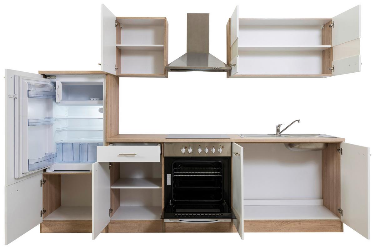 Küchenzeile Economy o. Geräte Weiß/Eiche B: ca. 270 cm - Edelstahlfarben/Eichefarben, Basics, Holzwerkstoff/Metall (270cm) - Respekta