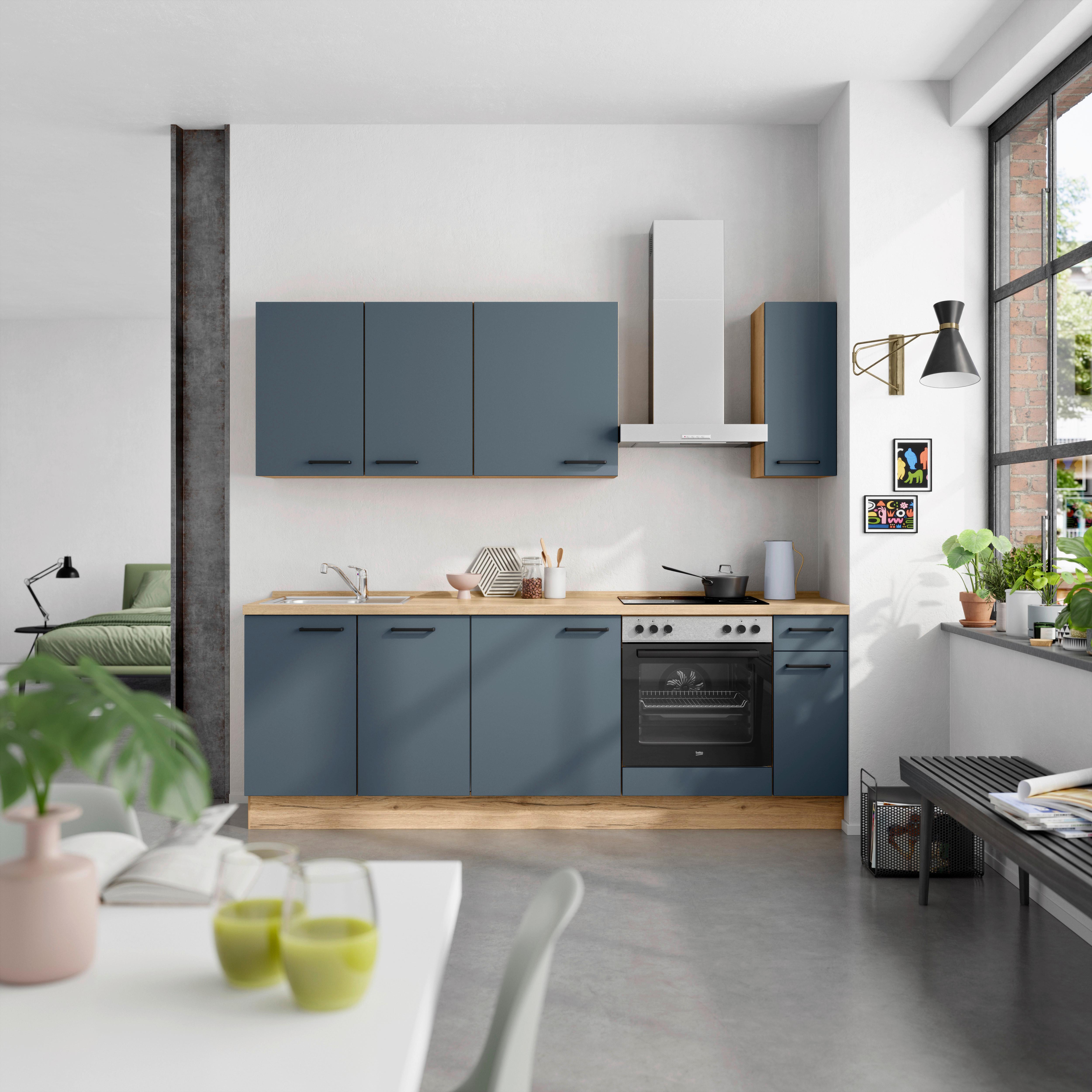 Küchenblock Easytouch Low m. Geräten Dunkelblau - Eichefarben/Schwarz, MODERN, Holzwerkstoff/Metall (240cm) - Nobilia