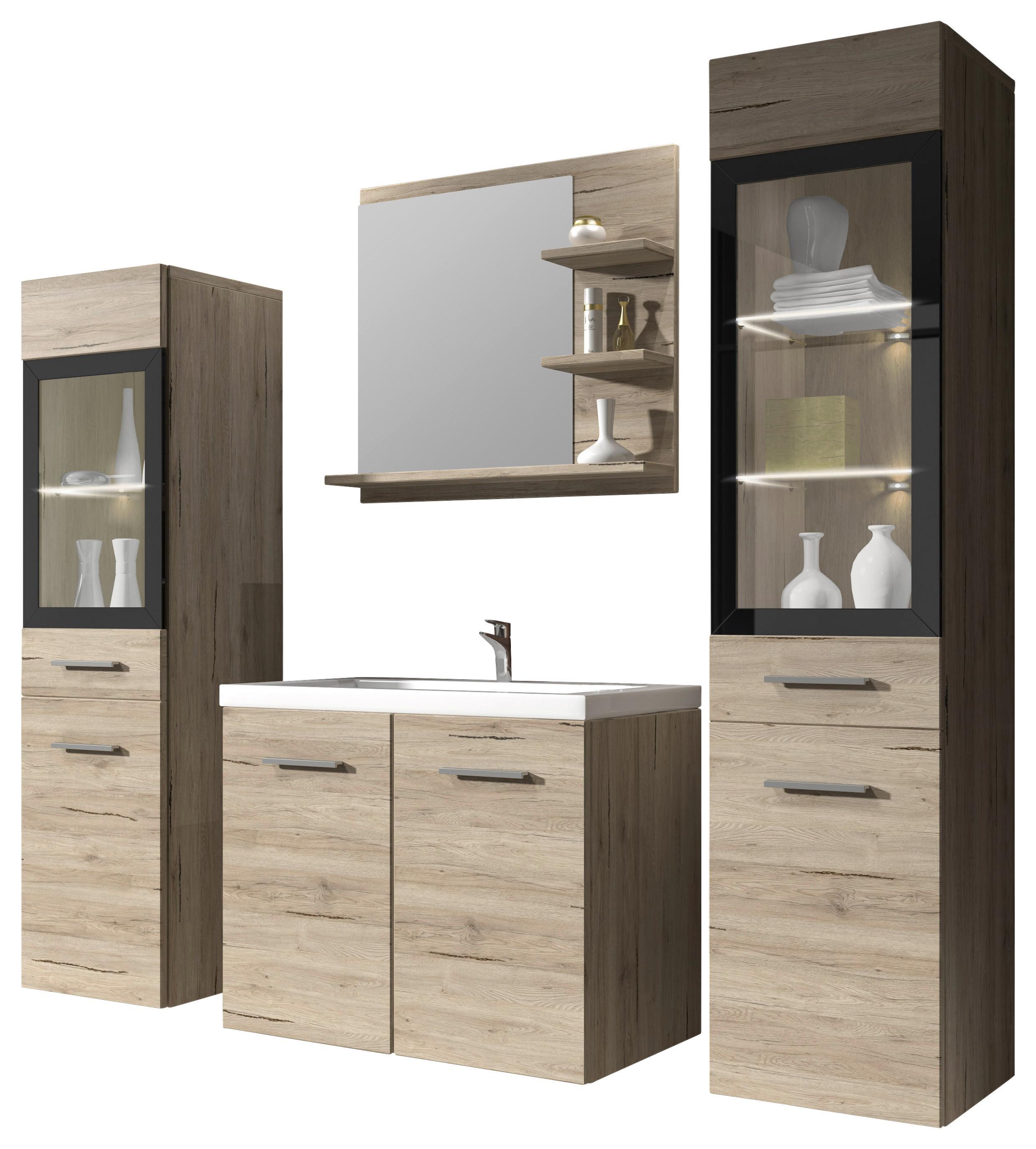 Badmöbel-Set 5-tlg. Madrit mit LED ca. 120 cm Eiche - Eiche San Remo/Weiß, LIFESTYLE, Glas/Holzwerkstoff (120cm) - P & B