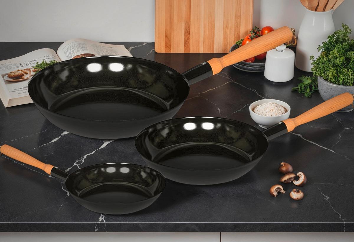 ZESTAW PATELNI 3-TEILIG, SCHWARZ - czarny, Basics, metal/drewno (20+24+26cm) - Riess