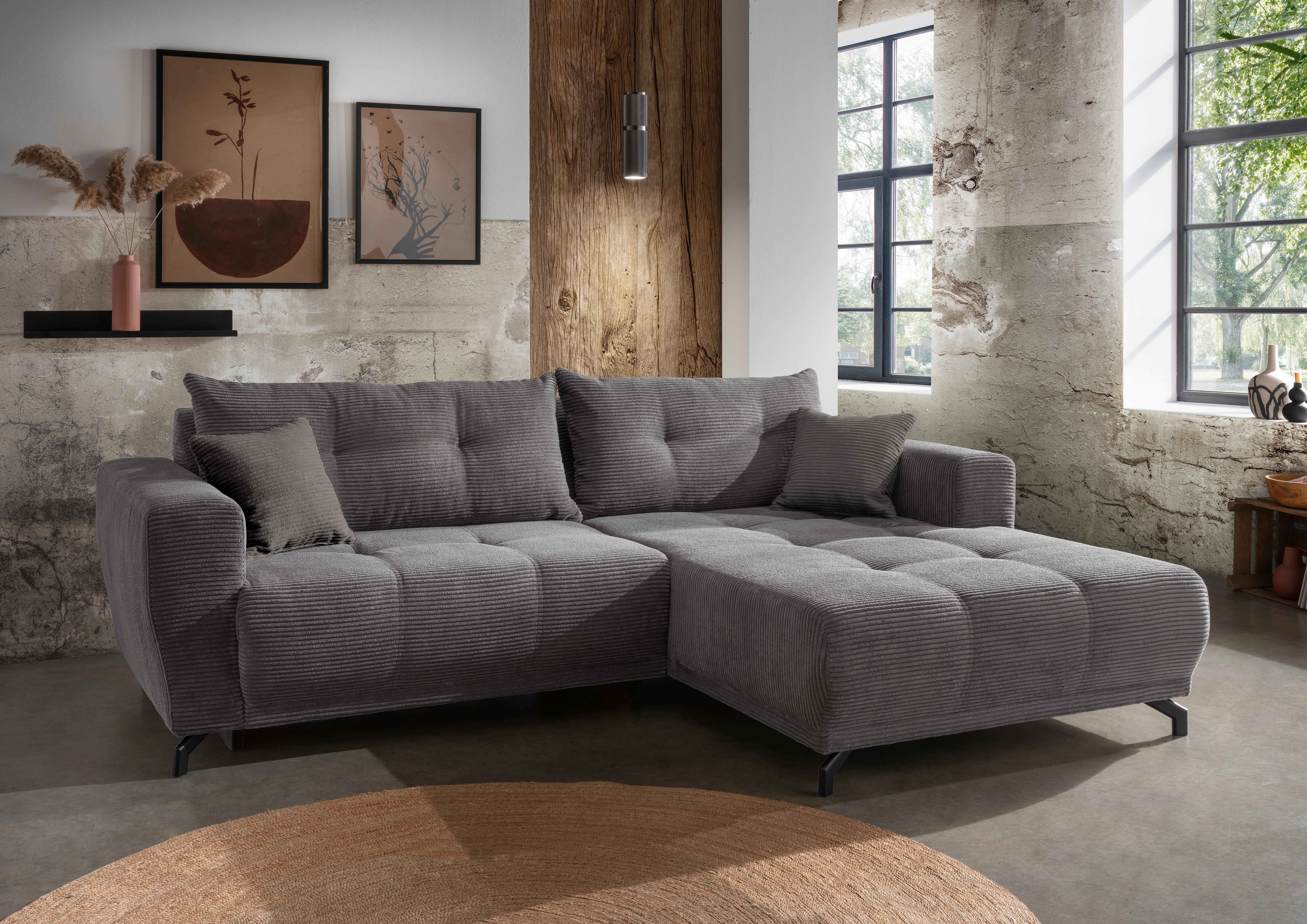 Wohnlandschaft Restato Grau Cord - Schwarz/Grau, MODERN, Holz/Textil (246/177cm) - MID.YOU