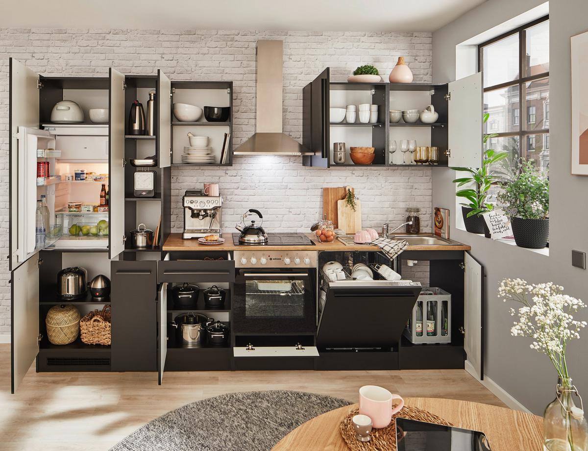 Küchenblock Jazz mit Geräten ca.310cm Schwarz - Eichefarben/Schwarz, LIFESTYLE, Holzwerkstoff/Kunststoff (310cm) - P & B