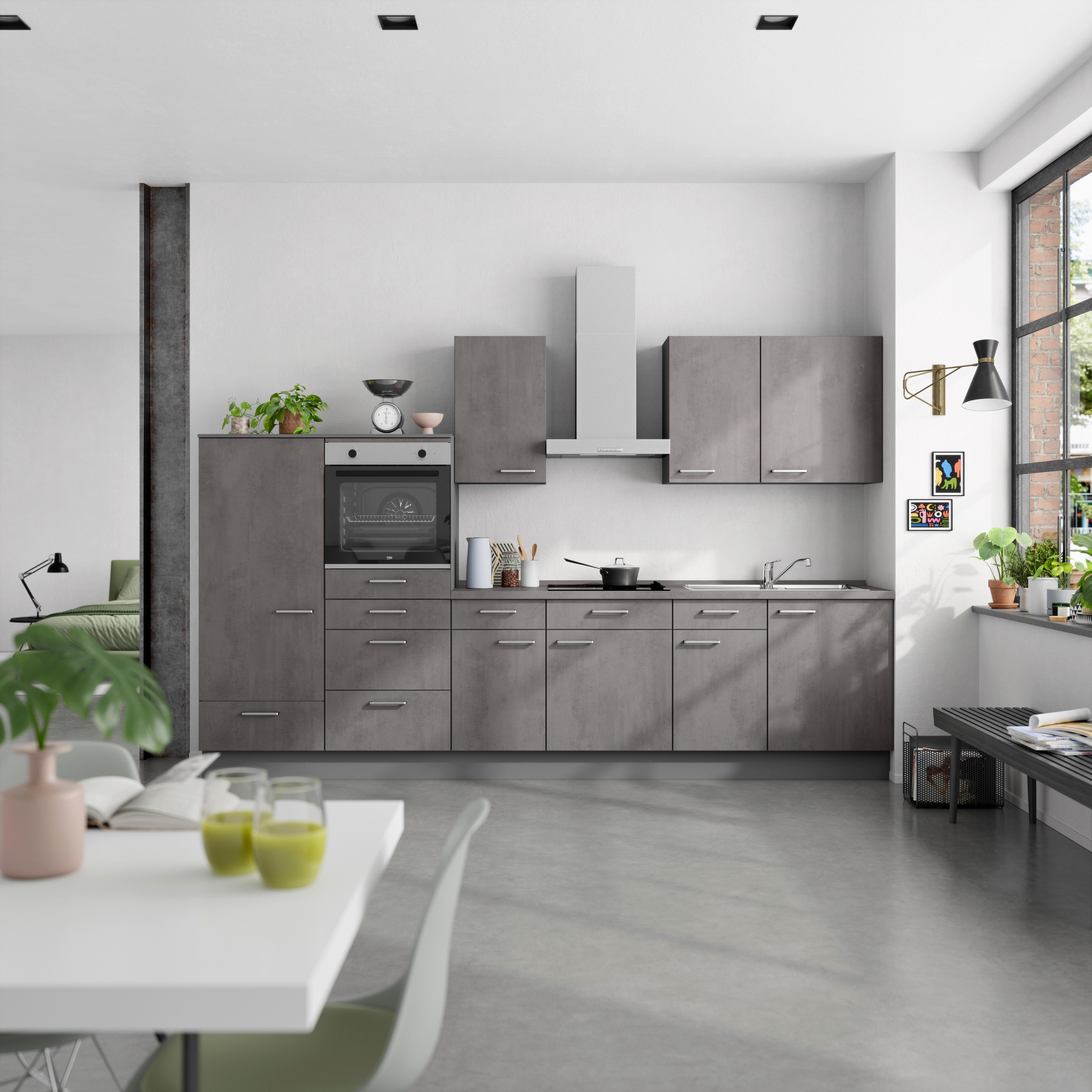 Küchenblock Riva Low m. Geräten Schieferfarben - Schieferfarben/Edelstahlfarben, MODERN, Holzwerkstoff/Metall (330cm) - Nobilia