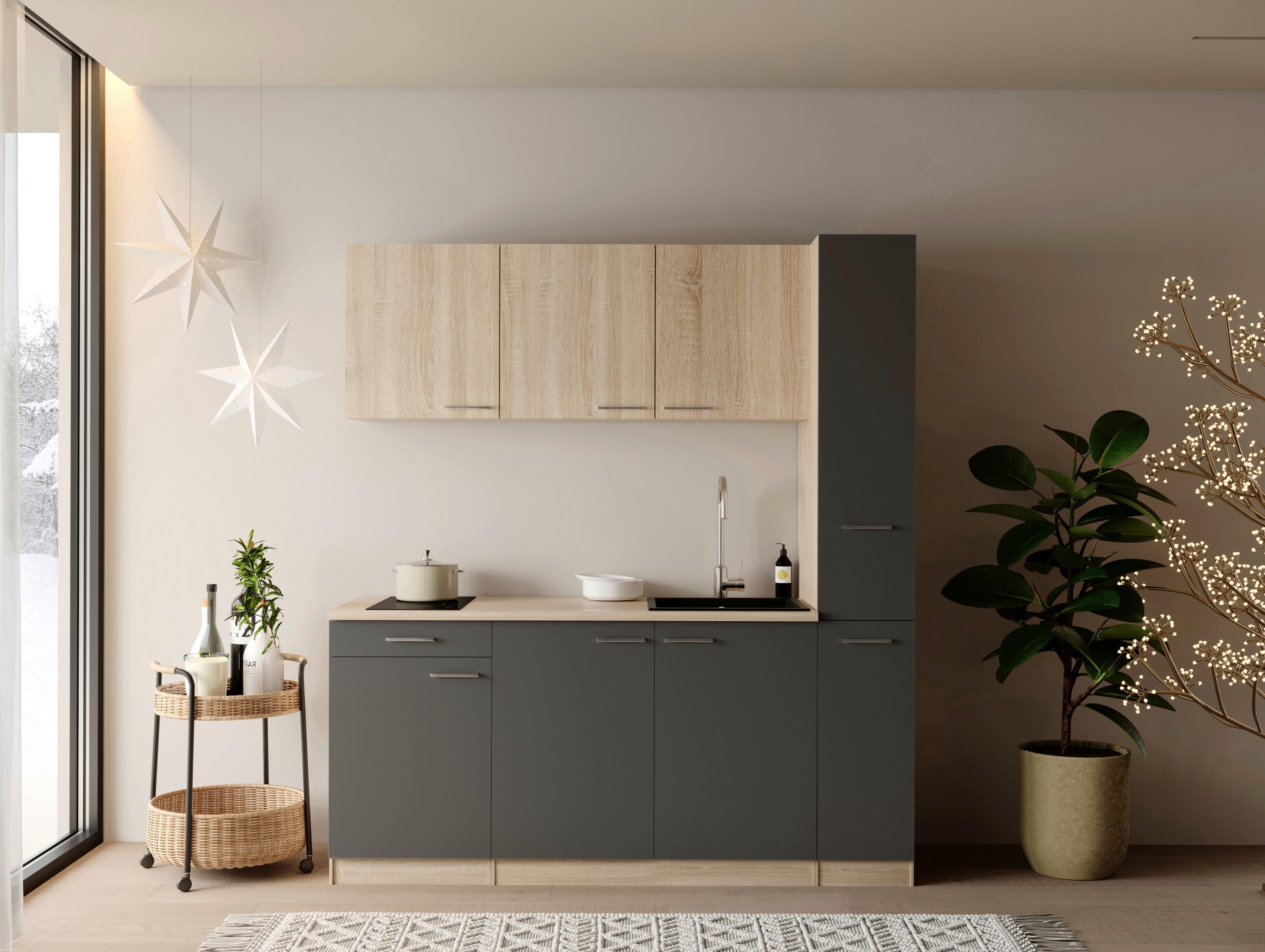 Küchenblock Ingrid m. Gerät Grau - Eichefarben/Alufarben, Design, Holzwerkstoff/Kunststoff (180cm) - Respekta