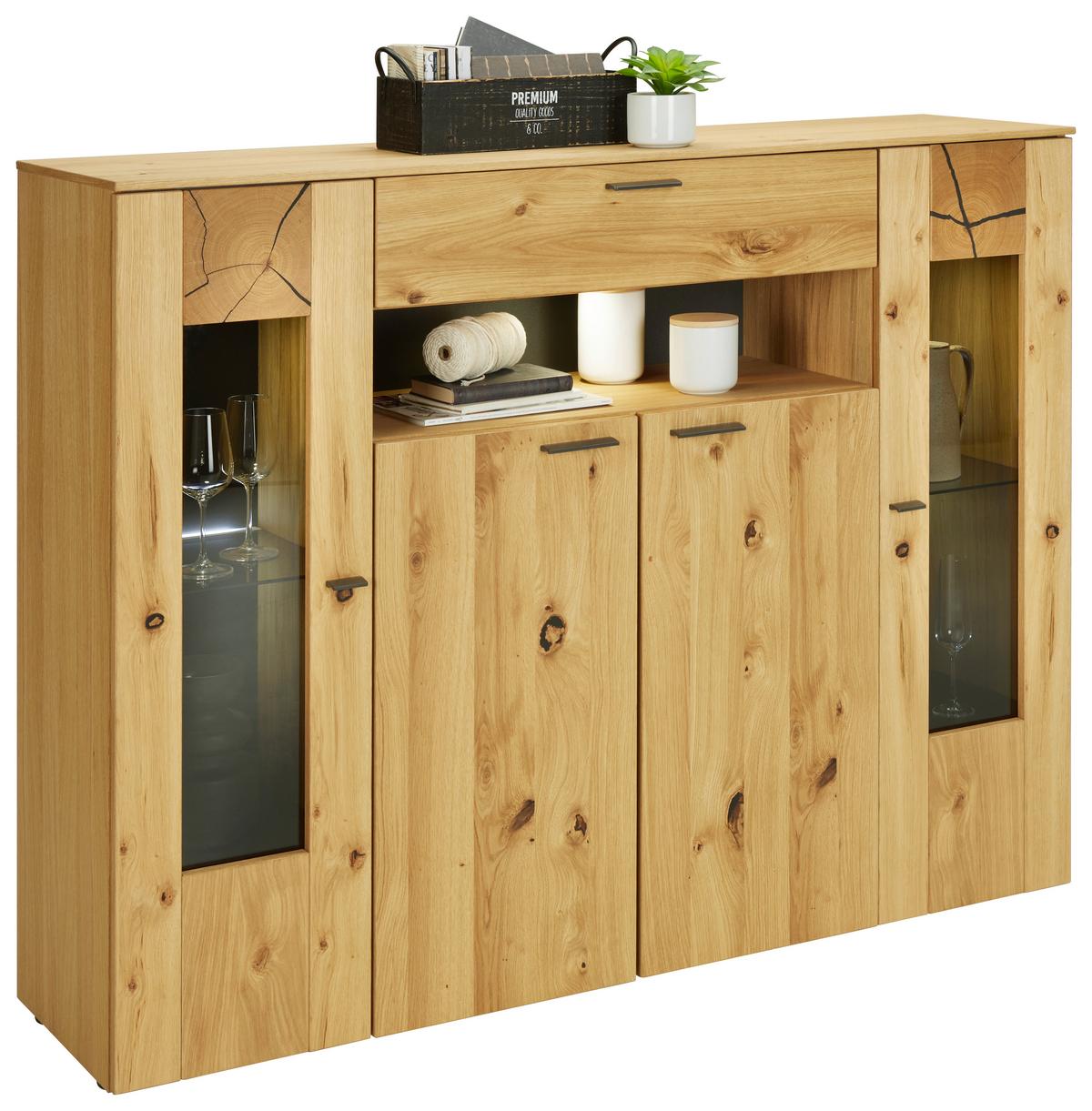 Highboard in Eichefarben - Eichefarben/Schwarz, Modern, Glas/Holzwerkstoff (154/130/41cm) - Premium Living