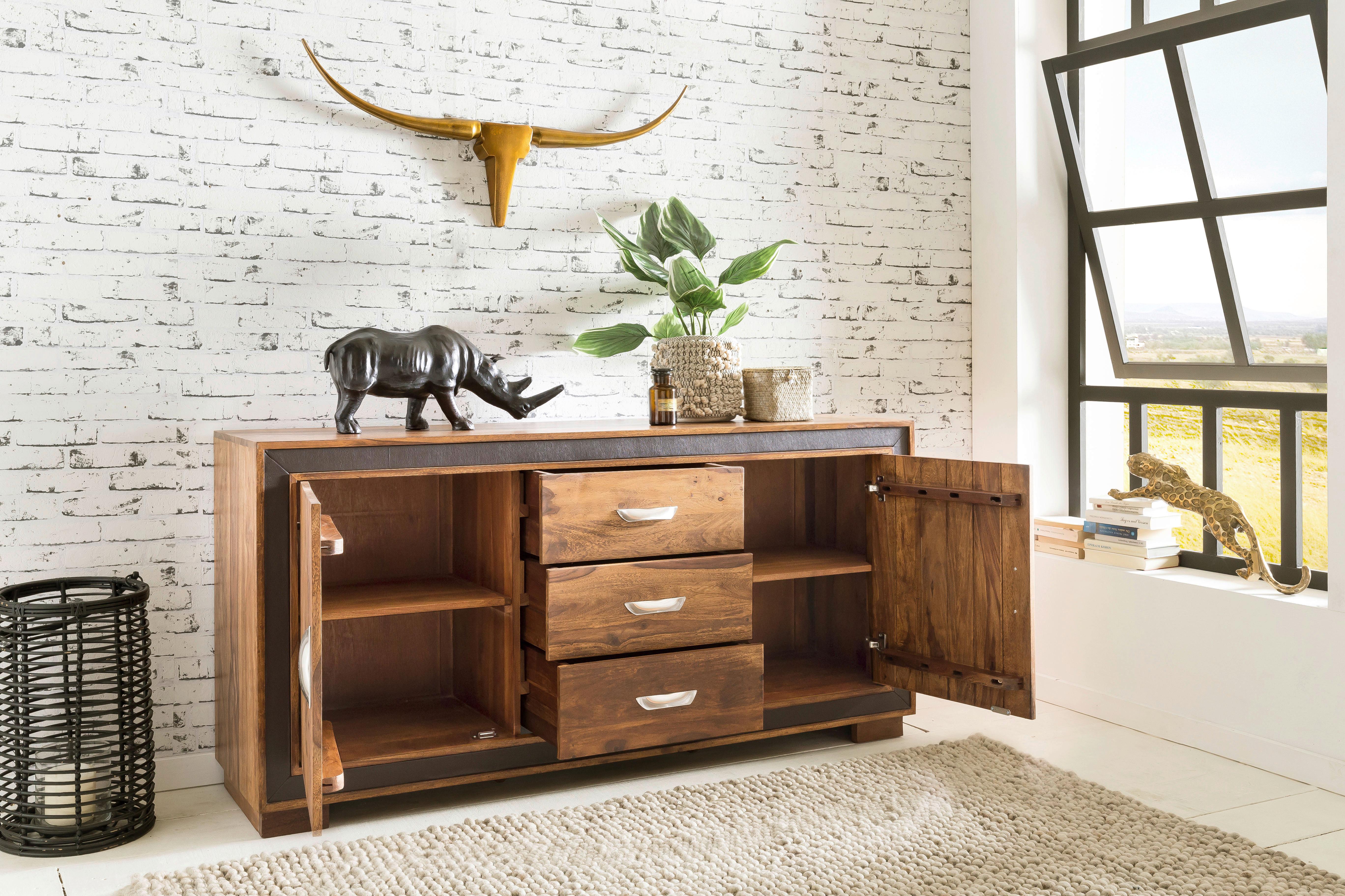 Komoda Mumbai, Pravi Les - srebrne barve/črna, Design, kovina/tekstil (160/80/44cm) - MID.YOU