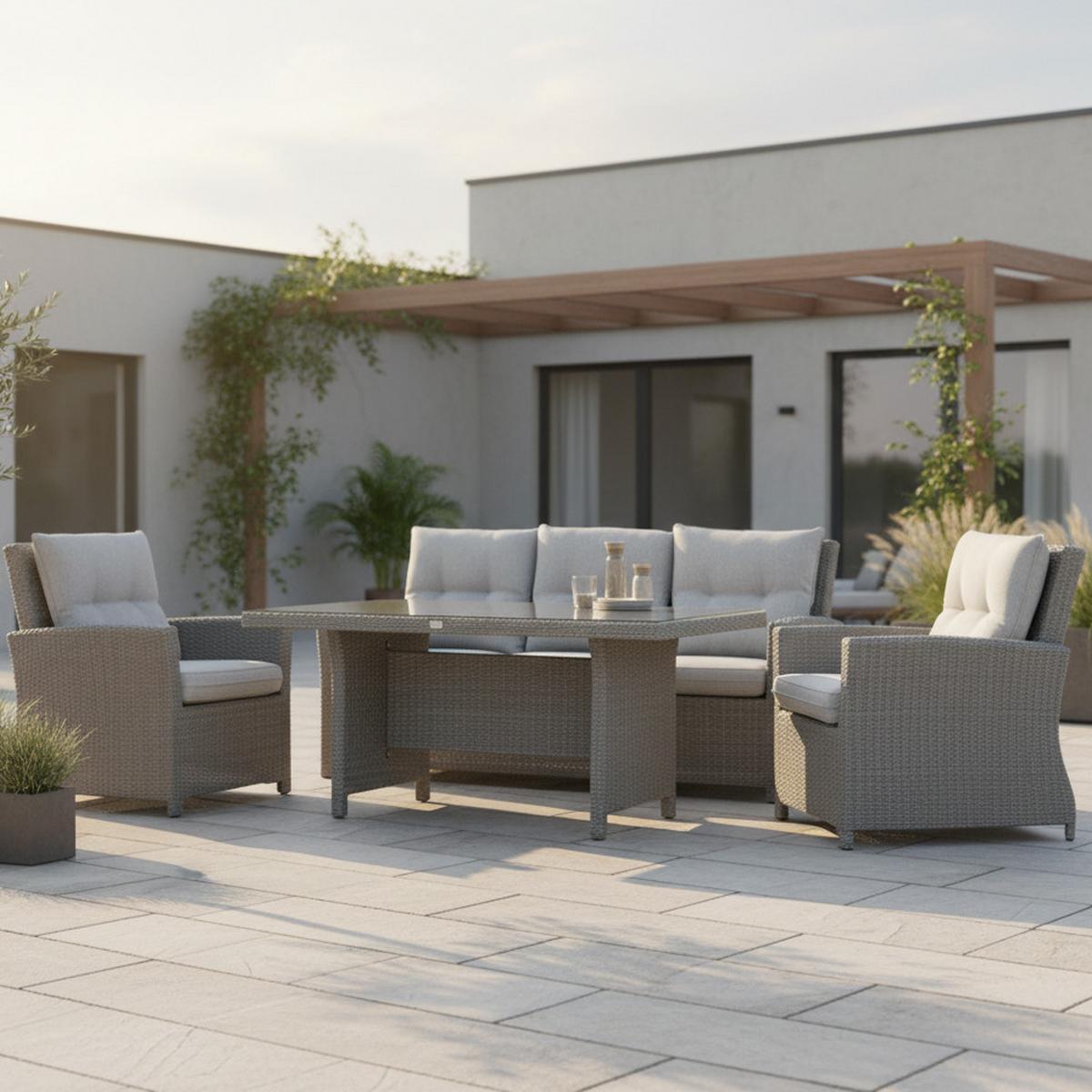 Dining-Loungeset Brentwood Grau, Kunststoffgeflecht - Grau, KONVENTIONELL, Glas/Kunststoff - Gardenson