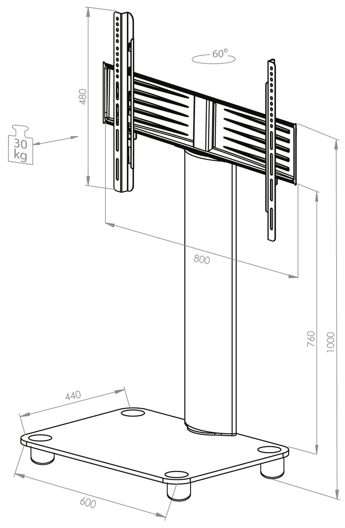 TV-Rack Tosal m. Rollen ca. 60x100 cm Schwarz/Silber - Silberfarben/Schwarz, KONVENTIONELL, Glas/Metall (60/100/44cm) - MID.YOU