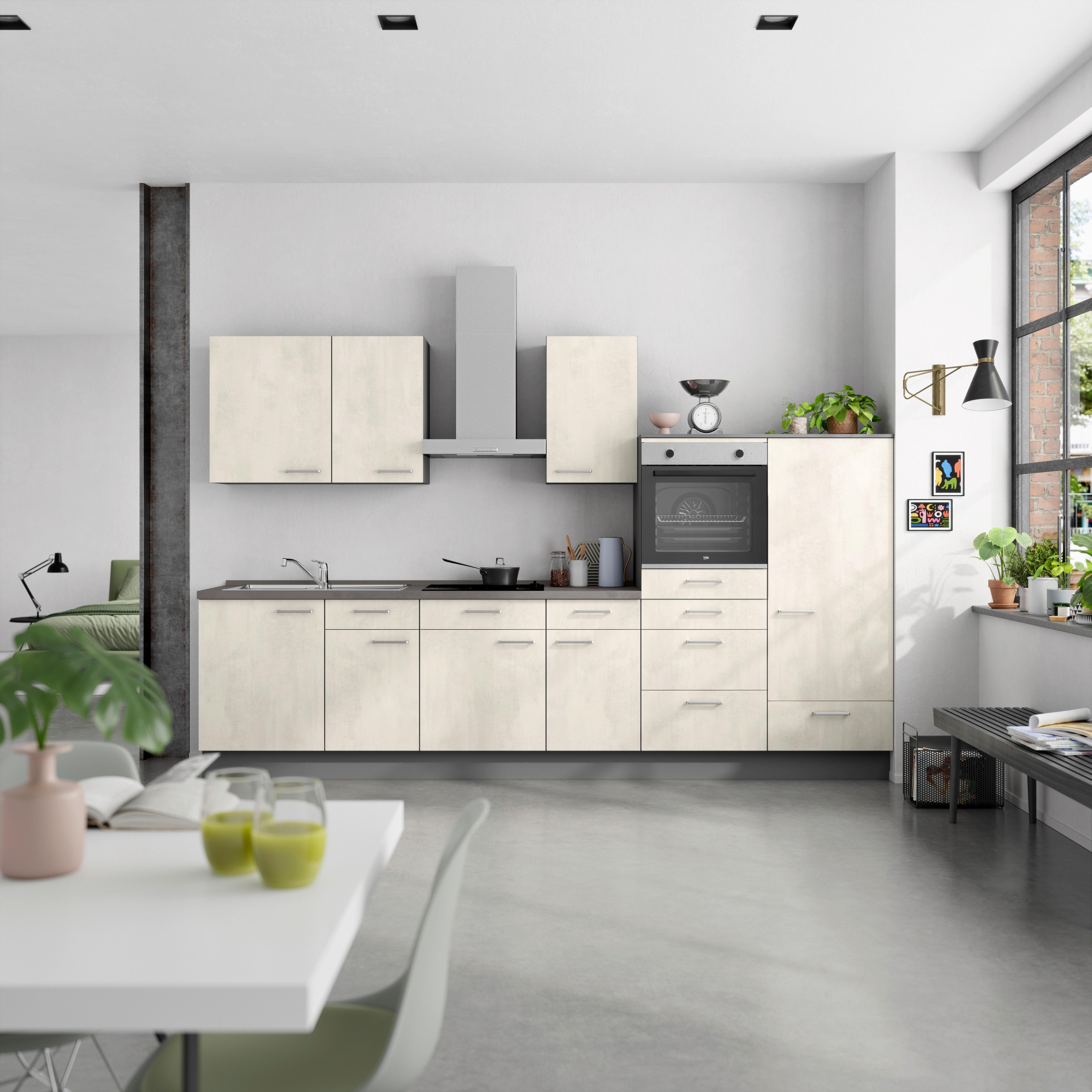 Küchenblock Riva Low m. Geräten Weiß - Schieferfarben/Edelstahlfarben, MODERN, Holzwerkstoff/Metall (330cm) - Nobilia