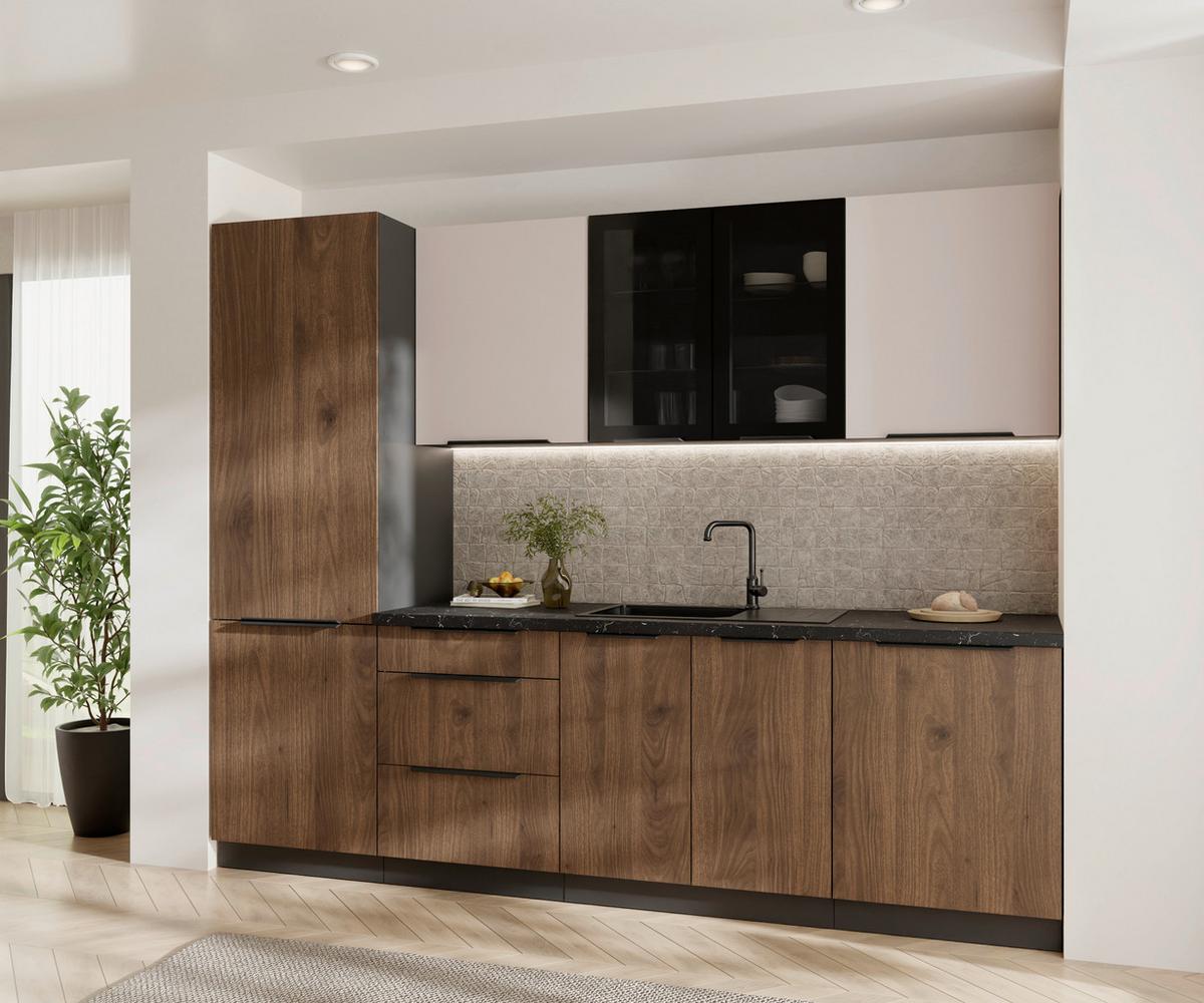 Blok Kuhinja Monza/arona - kašmir/boja orahovog drveta, Moderno, staklo/metal (260/210/60cm) - Modern Living