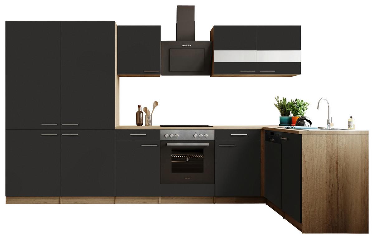 Eckküche Merle m. Geräten ca. 340x172cm Schwarz - Edelstahlfarben/Eichefarben, Trend, Holzwerkstoff/Metall (340/172cm) - Respekta