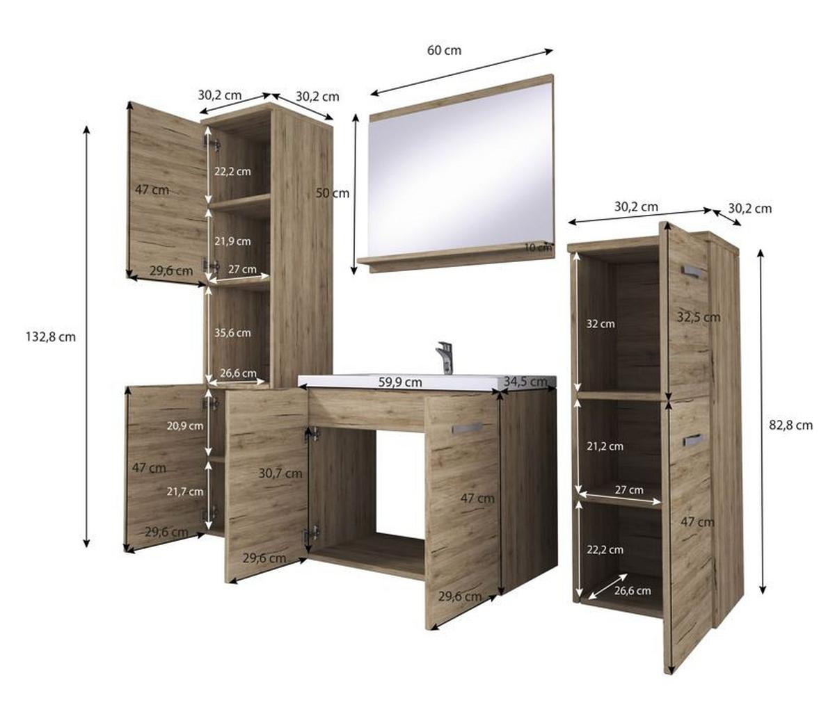 Badmöbel-Set 5-tlg. Malo ca. 140 cm Eiche - Eichefarben/Weiß, LIFESTYLE, Keramik/Holzwerkstoff (120cm) - P & B