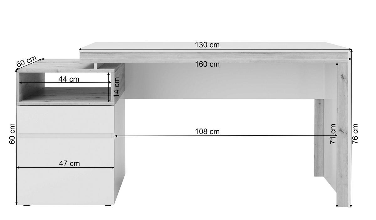 Schreibtisch "Santiago", weiß/eiche - Weiß/Eiche Artisan, MODERN, Holz/Metall (160/60/76cm) - MID.YOU