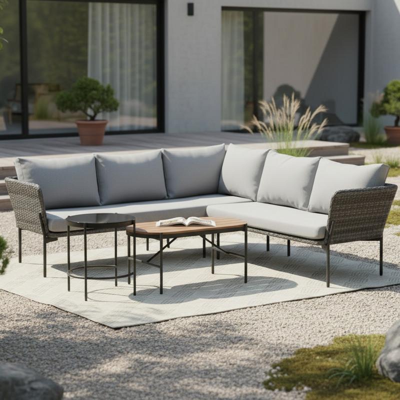 Lounge Garnitura Zophia, Siva, Rjava, Jeklo, Steklo - temno siva/siva, Moderno, kovina/umetna masa (294/68/77cm) - Bessagi Garden