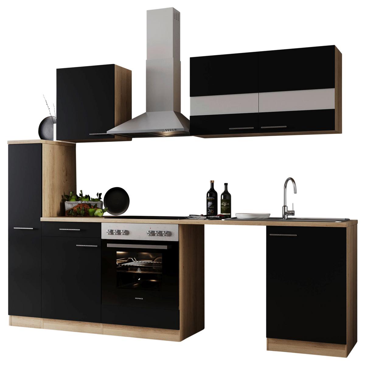 Küchenblock Merle mit Geräten Schwarz - Edelstahlfarben/Eichefarben, Basics, Glas/Holzwerkstoff (250cm) - Respekta