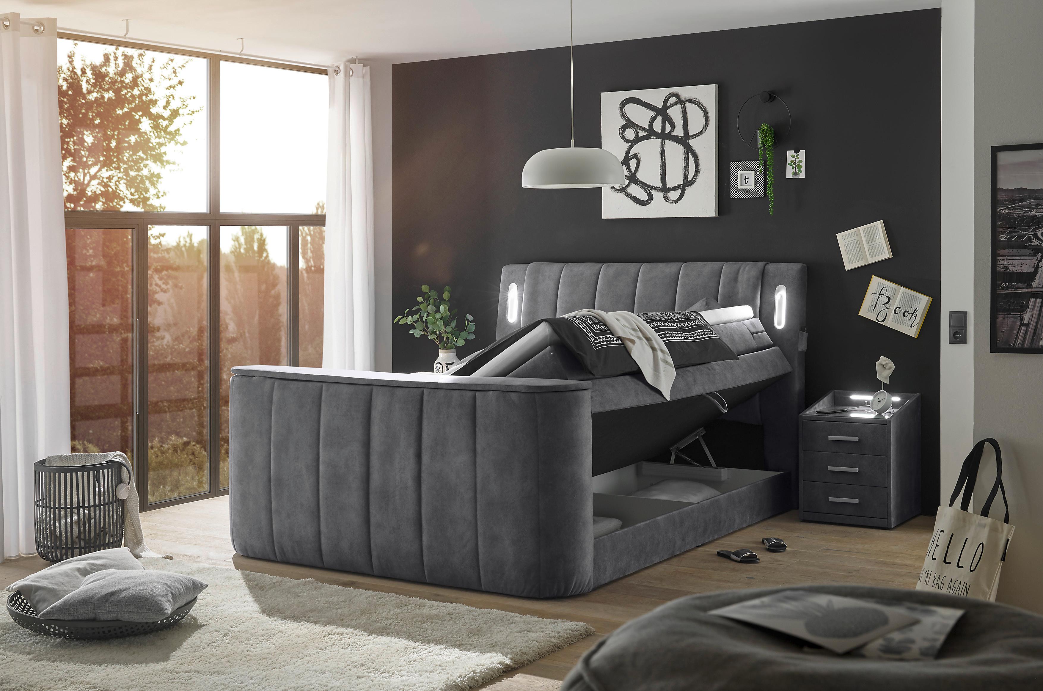 Boxspringbett Dallas m. LED ca. 180x200 cm Anthrazit - Anthrazit, MODERN, Holzwerkstoff/Kunststoff (180/200cm) - MID.YOU