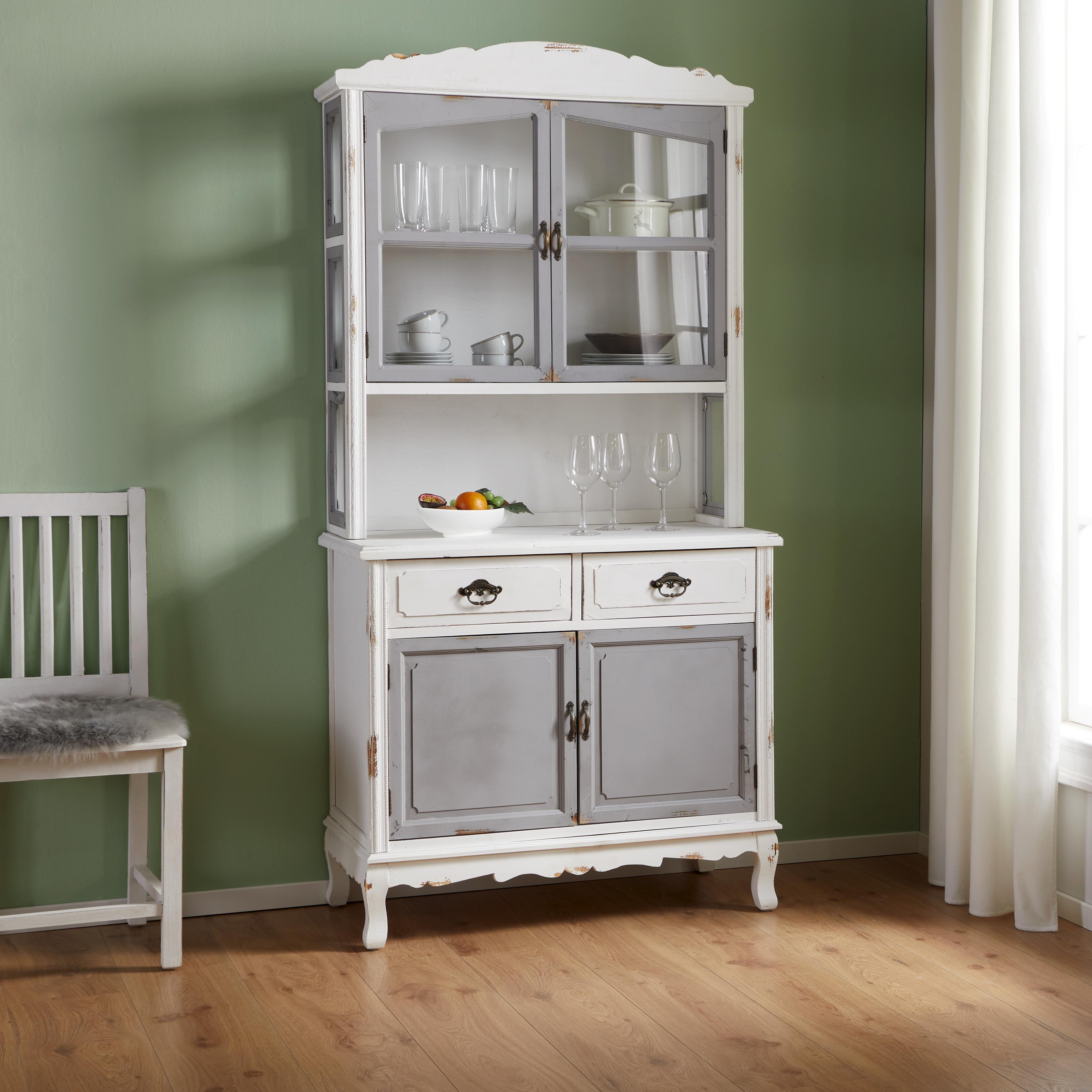 Kredenz aus Tanne in Grau/Weiß 'Riccardo' - Weiß/Grau, MODERN, Glas/Holz (90/184/43cm) - Bessagi Home