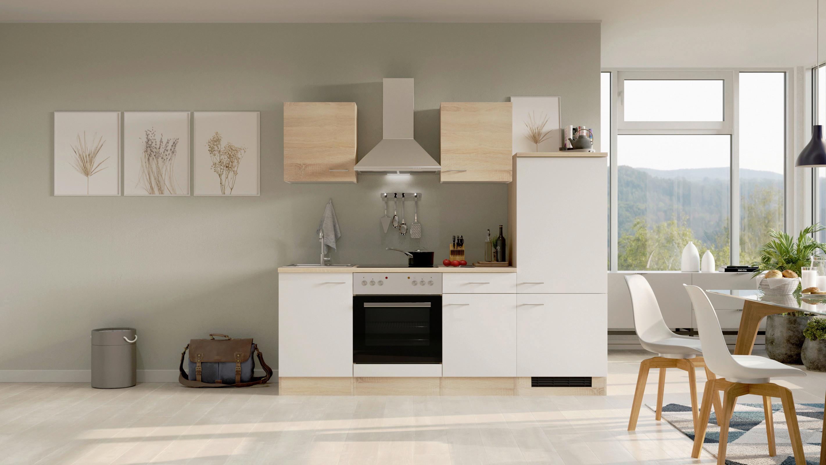 Küchenblock Samoa Weiß/Eichefarben mit Geräten - Alufarben/Weiß, MODERN, Holzwerkstoff/Kunststoff (220cm) - FlexWell