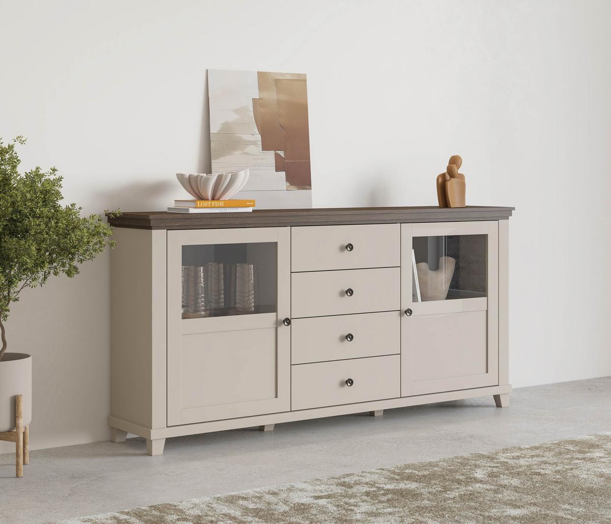 Tálalószekrény Evora - kasmírszínű/tölgyfa színű, Design, faalapú anyag/üveg (181/93/42cm)
