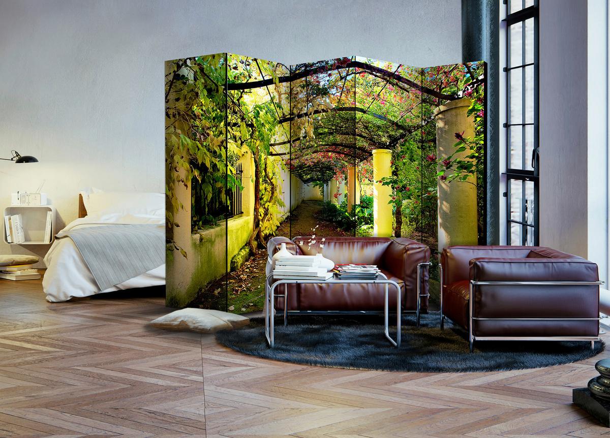 Paravan Romantic Garden I, 5-Delni, Dvostranski - zelena/rjava, Basics, tekstil/les (225/172/3cm) - artgeist