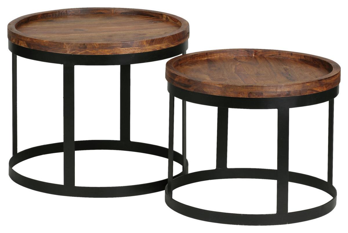 Beistelltischset "Akola", 2-er Set, aus Sheesham - Sheeshamfarben/Schwarz, Design, Holz/Metall (53/53/45cm) - MID.YOU