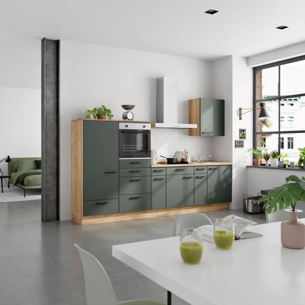 Küchenblock Easytouch m. Geräten Dunkelgrün - Dunkelgrün/Eichefarben, MODERN, Holzwerkstoff/Metall (300cm) - Nobilia