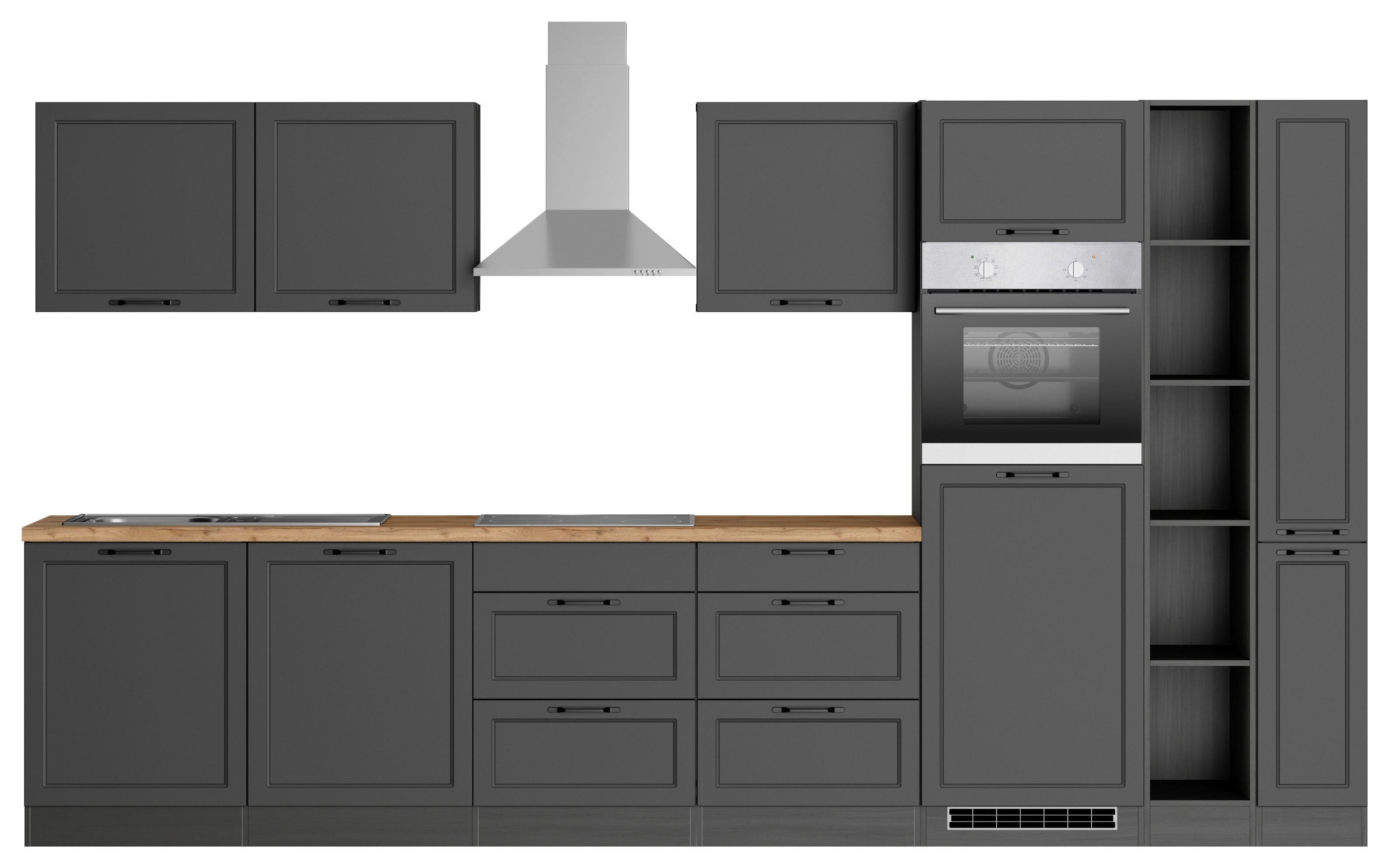 Küchenzeile Meran mit Geräten ca. 360 cm Grau/Eiche Dekor - Eiche Wotan/Schwarz, LIFESTYLE, Holzwerkstoff/Metall (360cm) - Held