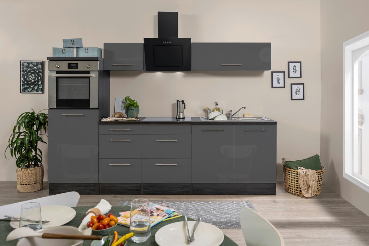Küchenzeile mit Geräte Grau B: ca. 270 cm - Edelstahlfarben/Eichefarben, Basics, Holzwerkstoff/Metall (270cm) - Respekta