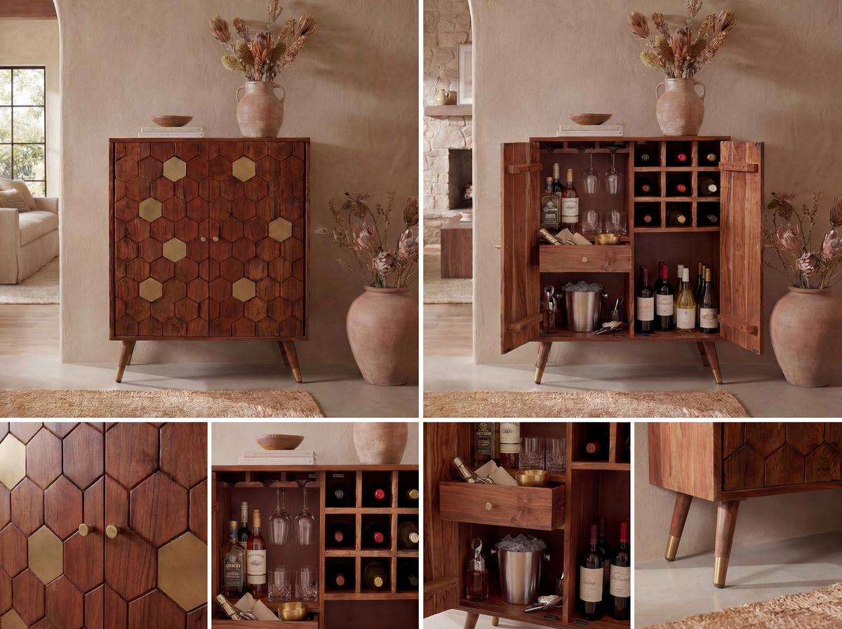 Barschrank Wl7.442 - Goldfarben/Akaziefarben, Design, Holz/Metall (75/46/96cm) - Livetastic