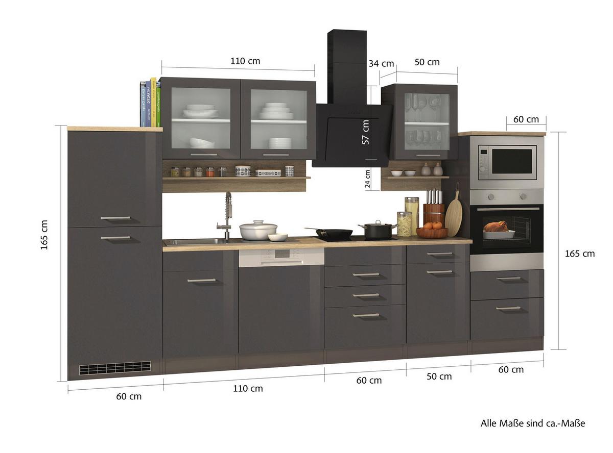 Küchenblock Mailand m. Geräten Graphitfarben - Silberfarben/Graphitfarben, MODERN, Glas/Holzwerkstoff (340cm) - Held