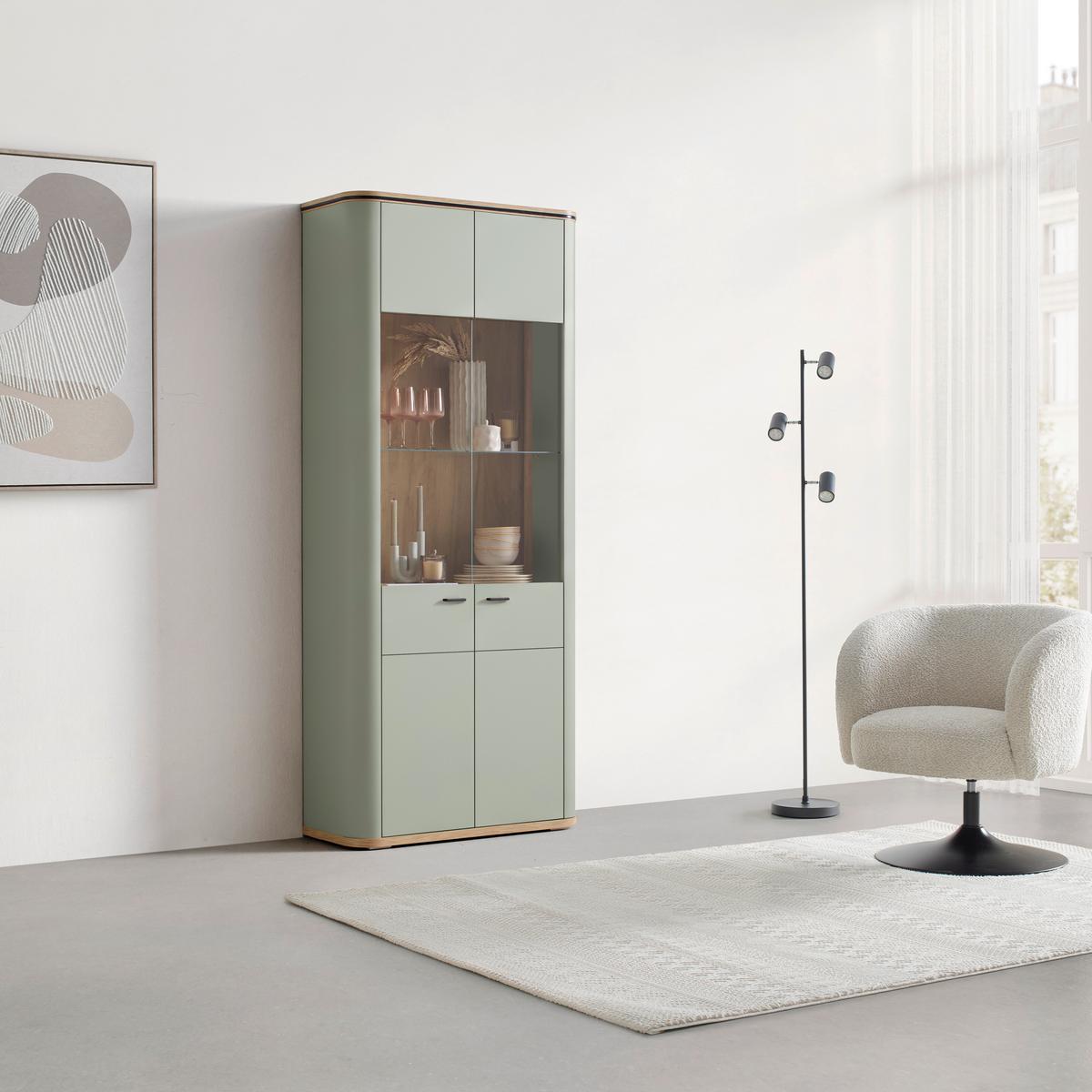 Vitrine Lagos Salbeigrün/Eiche Artisan - Salbeigrün/Anthrazit, Modern, Glas/Holzwerkstoff (89,2/209,5/37,5cm) - Premium Living