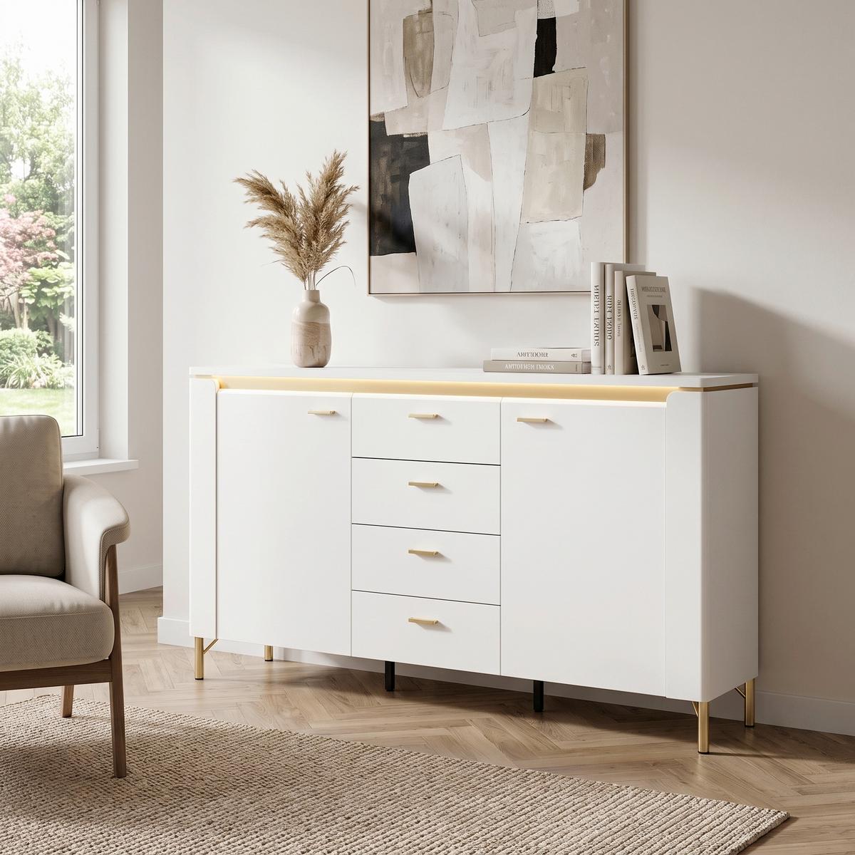 Komoda Lazio - bijela/bijela visoki sjaj, Trend, drvni materijal/metal (155,3/87,3/40cm) - Modern Living