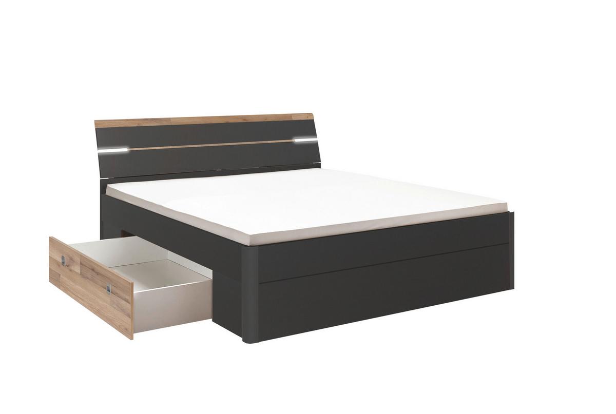 Postelja Mars, S Predali, 180x200 - črna/barve hrasta, Konvencionalno, umetna masa/leseni material (180/200cm) - MID.YOU