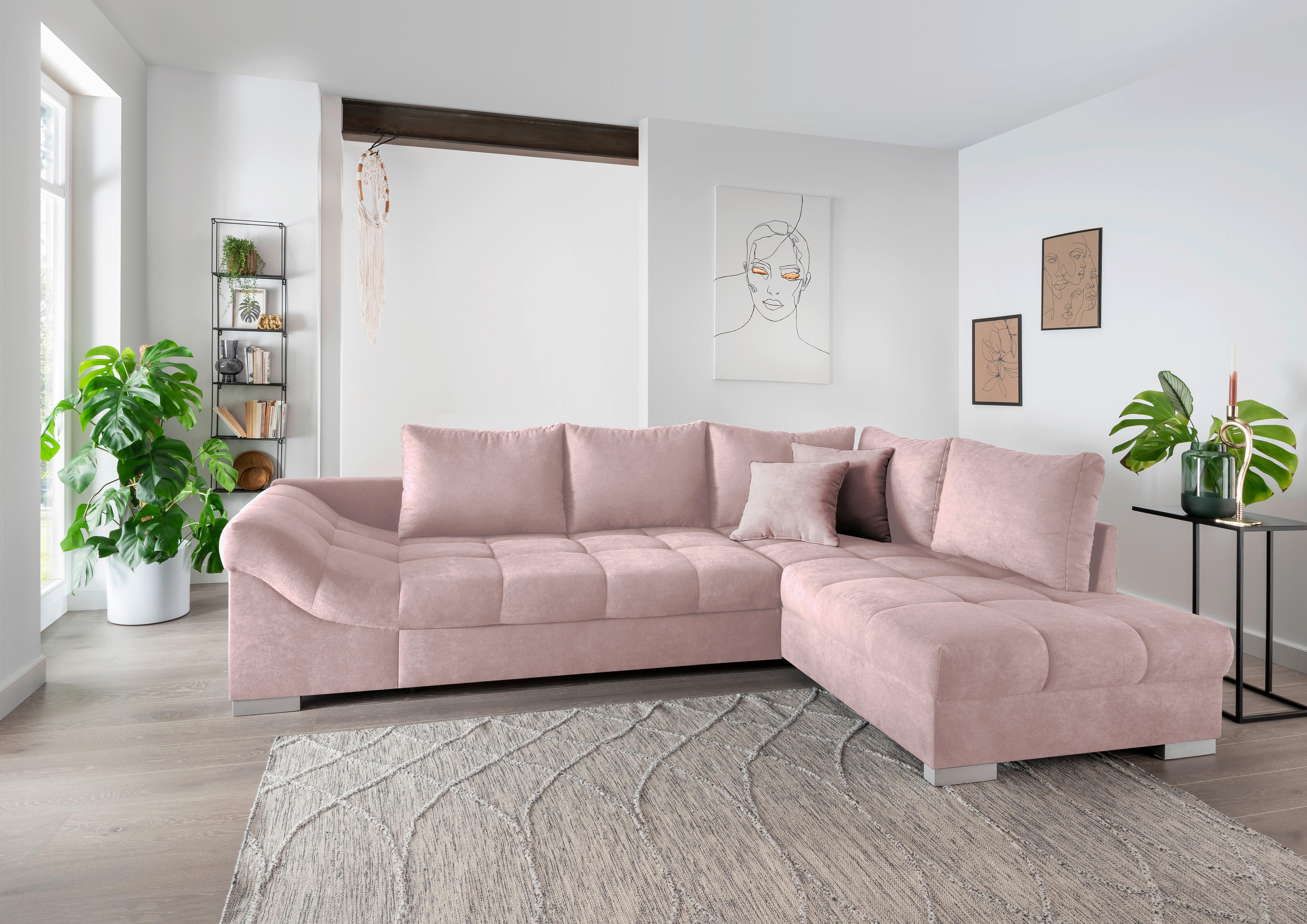Wohnlandschaft Alvito Rosa Nylon/Mikrofaser - Silberfarben/Rosa, Design, Holz/Textil (298/202cm) - MID.YOU