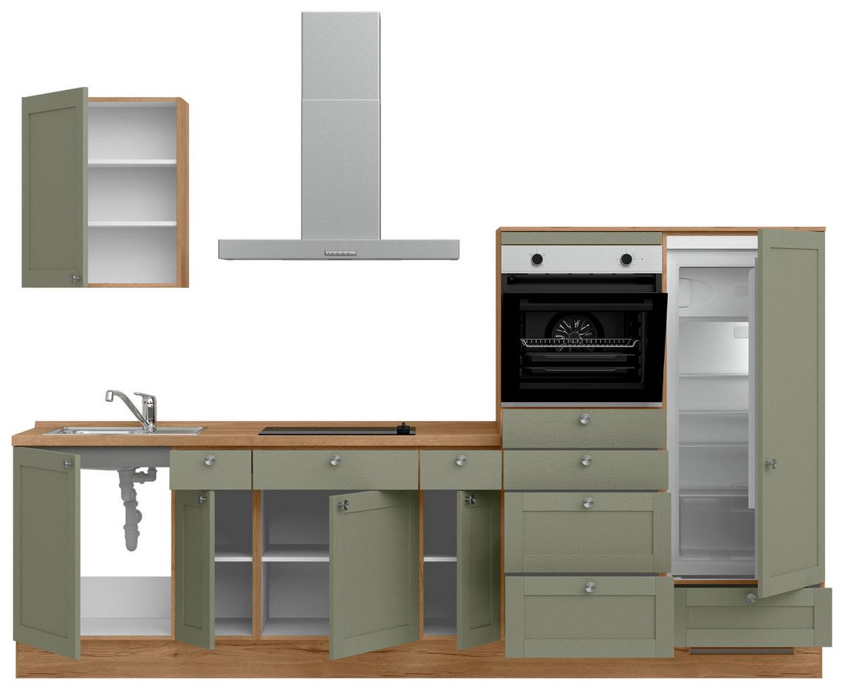 Küchenleerblock Frame Low o. Geräte Olivgrün - Edelstahlfarben/Eichefarben, MODERN, Holzwerkstoff/Metall (300cm) - Nobilia