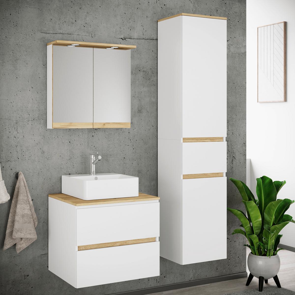 Badezimmer Cosila - Honigeiche/Weiss, Trend, Keramik/Holzwerkstoff (90cm) - MID.YOU