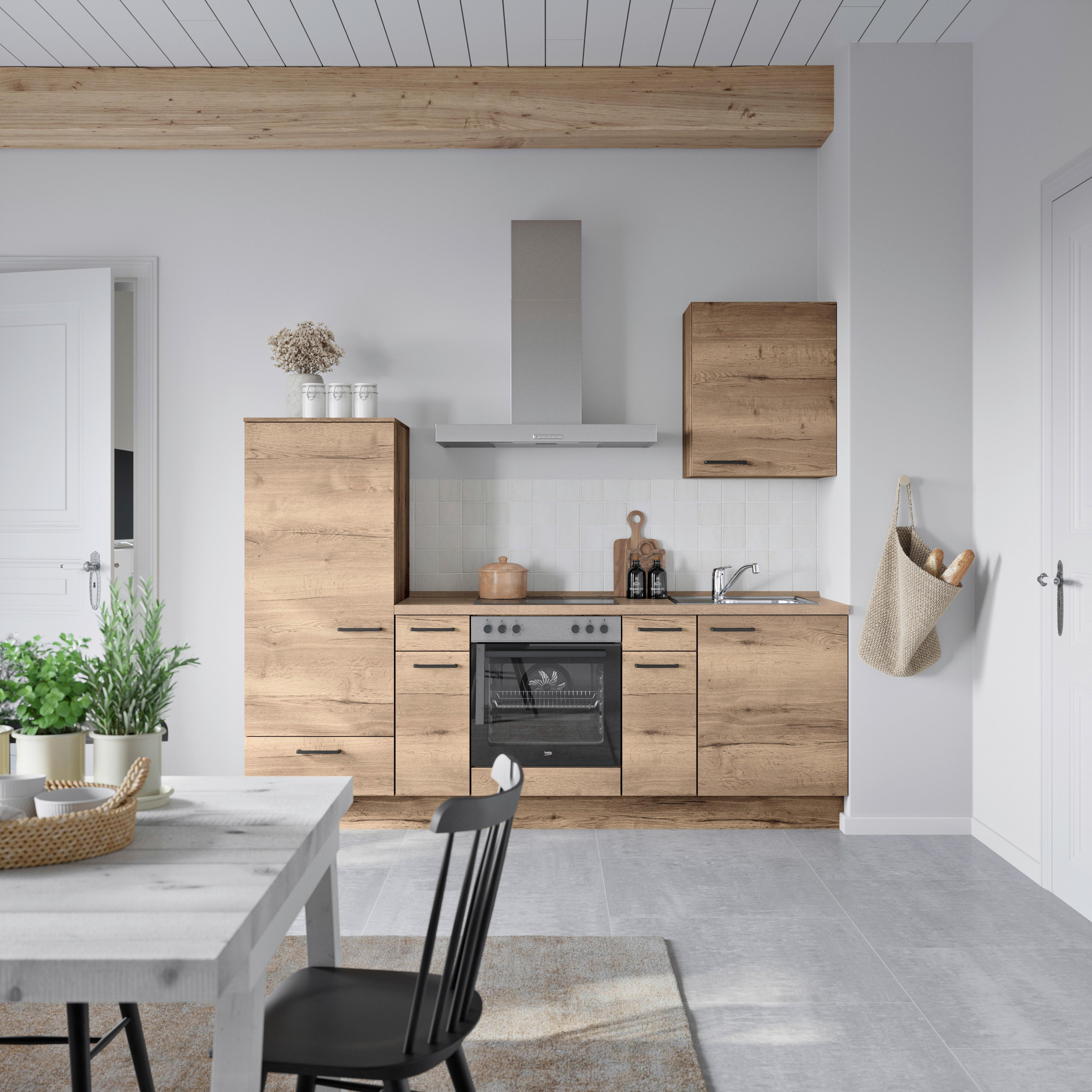 Küchenblock Structura Low m. Geräten Eiche dunkel - Eiche dunkel/Eichefarben, MODERN, Holzwerkstoff/Metall (240cm) - Nobilia