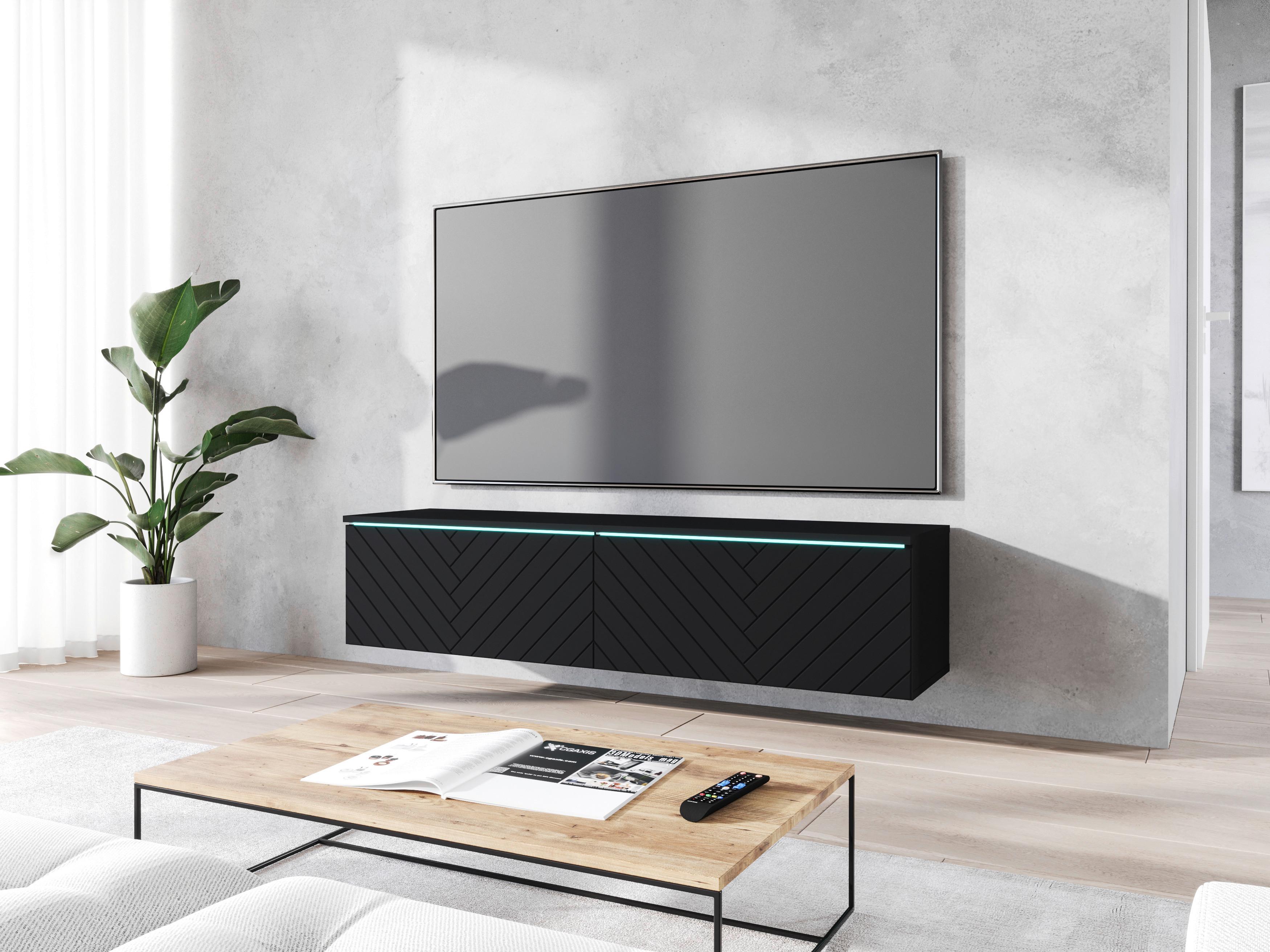 TV-Lowboard mit LED ca. 140x30 cm Schwarz Fischgr. - Schwarz/Grau, Basics, Holzwerkstoff/Kunststoff (140/30/33cm) - P & B